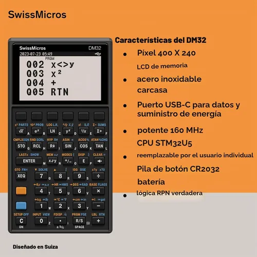 Vista 7 de SwissMicros Calculadora RPN DM32: software HP 32SII, carcasa de acero inoxidable 316L, solucionador de ecuaciones integrado y USB-C