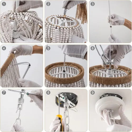 Vista 8 de candelabro rústico de 4 luces con cuentas de madera y borlas estilo Bohemia, luz colgante rústica antigua para dormitorio, isla de cocina, comedor