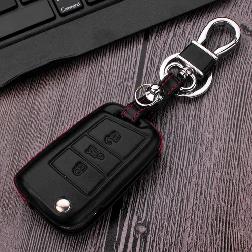 Vista 3 de Hombres Mujeres Cuero Genuino Llavero Funda Para Volkswagen/Para Skoda/Para Audi/Para Asiento Flip Car Remote Key Case Funda Funda Con Kit Llavero