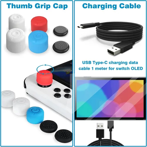 Vista 6 de TIKOdirect Carrying Case for Switch OLED Model 2021, Accessories Kit with Clear Protective Cover, Screen Protectors, Thumb Grip Caps and USB