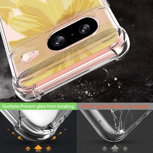 Vista 3 de Osophter Funda para Google Pixel 8A: funda de goma TPU flexible para absorción de impactos y flores para mujeres y niñas (flor de sol grande)