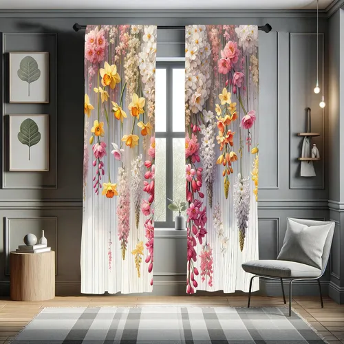 Vista 20 de Ambesonne - Cortinas amarillas para ventana, arte moderno escandinavo de escena de jardín con flores de tulipán y mariposas bailando, juego de 2