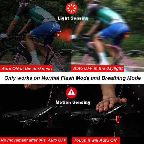 Vista 5 de G Keni Luz trasera inteligente para bicicleta, luces traseras con detección de freno, encendido/apagado automático, impermeable, recargable por USB