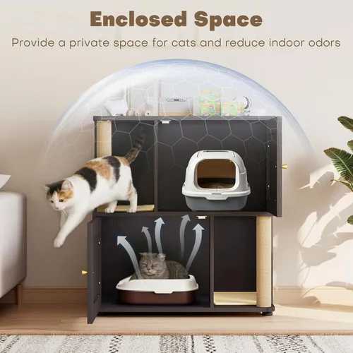 Vista 4 de Caja de arena para gatos para 2 gatos, armario de metal oculto doble con poste rascador para gatos, muebles grandes para baño de mascotas, mesa