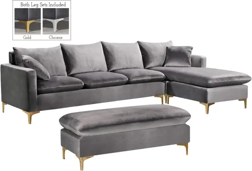 Vista 9 de Meridian Furniture Naomi Collection Modern Moderno seccional reversible tapizado de terciopelo negro contemporáneo con patas doradas o cromadas