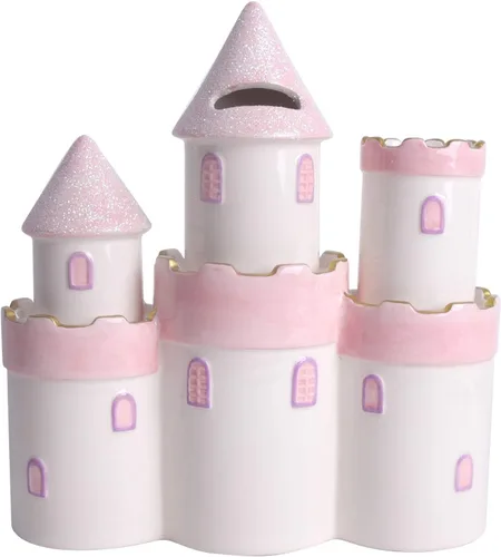 Vista 4 de Vencer Alcancía grande de cerámica de castillo de princesa para niñas y niños, alcancía para niños, alcancía para niños, rosa, gran juguete