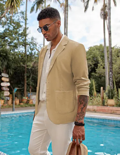 Vista 2 de COOFANDY Blazer casual de lino para hombre, ligero, ajuste regular, chaqueta deportiva con un botón