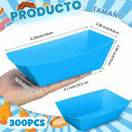 Vista 2 de Uiifan 200 bandejas de papel desechables para alimentos y barcos, resistentes a la grasa, bandeja de cartón para perros calientes, soporte para Azul