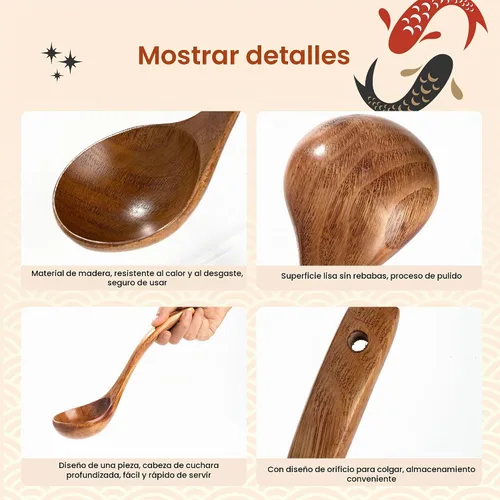 Vista 3 de EORTA Juego de 2 cucharas de madera para cocinar, 2 tamaños, cucharón profundo, salsas de madera natural, gachas de avena, cubiertos de sopa