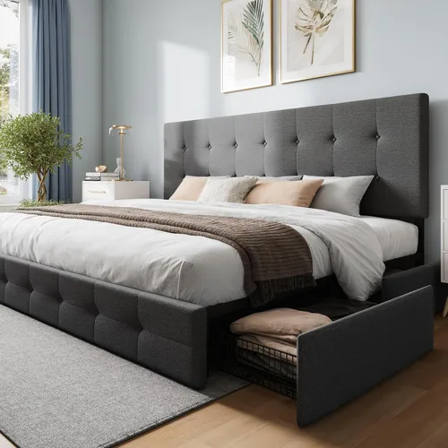 Vista 21 de WEEWAY Base de cama de plataforma de tamaño matrimonial con 4 cajones de almacenamiento, cabecera capitonada con botones de costura de diamante
