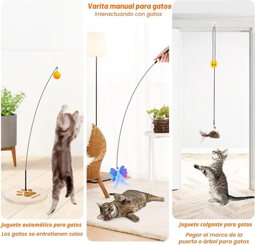 Vista 4 de JXFUKAL Juguete interactivo para gato, varita de gato automática con base de madera estable, 2 piezas de teaser para gato desmontable, 5 piezas
