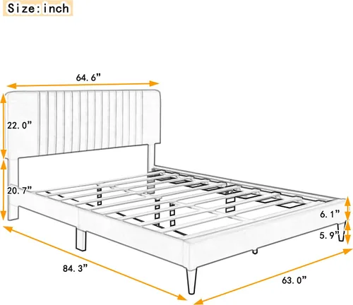 Vista 2 de SOFTSEA Marco de cama Queen con cabecero y patas, plataforma de terciopelo tamaño Queen, marco de cama, muebles de dormitorio