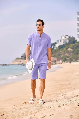 Vista 3 de COOFANDY Conjunto de 2 piezas de lino para hombre, camisas Henley casuales de manga corta, pantalones cortos de yoga para la playa, pantalones