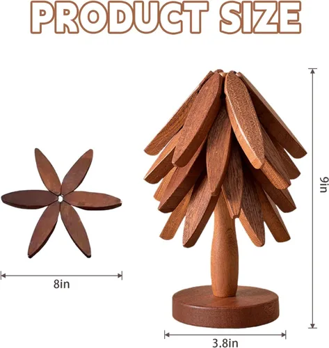 Vista 4 de Juego de Posavasos de Copa de Madera, Juego de Salvamanteles en Forma de Árbol, Posavasos de Árbol - 4 Salvamanteles de Madera + 1 Soporte