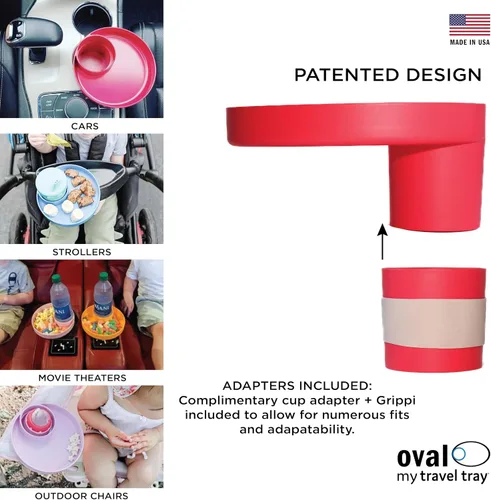 Vista 5 de Travel Tray Oval fabricado en Estados Unidos amplía tu portavasos actual para sostener tu taza más una bandeja para aperitivos, juguetes