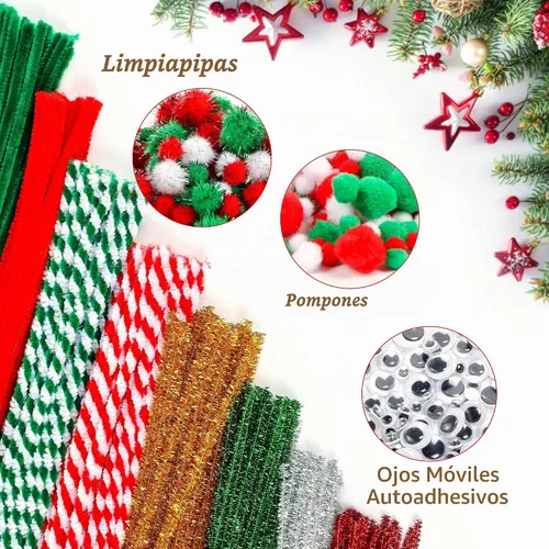 Vista 2 de Limpiadores de tubería de Navidad, juego de 700 piezas para manualidades que incluye 200 piezas de limpiadores de tubería, 400 piezas de pompones
