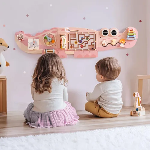 Vista 8 de ROBOTIME Tablero Ocupado de Cocodrilo Paneles de Pared para Niños Pequeños, Tablero de Actividades Sensoriales Montessori Rosa, Centro