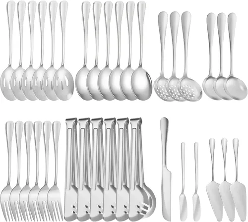 Vista 15 de Juego de 20 utensilios para servir, utensilios completos de acero inoxidable para bufé de catering para barbacoas de verano, parrillas, picnic