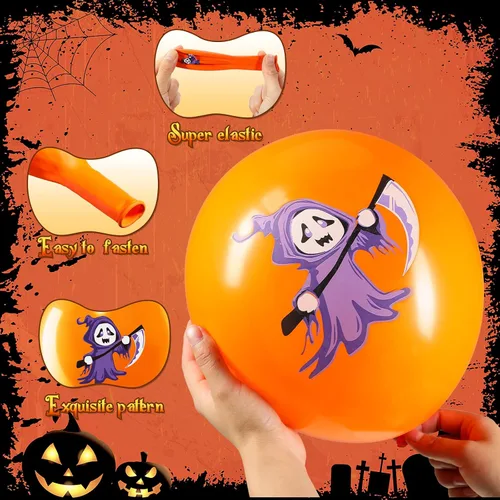 Vista 3 de Decoración de 50 globos de Halloween, adorables globos de látex de calabaza y araña espeluznante, fiesta de primer cumpleaños, suministros de ducha