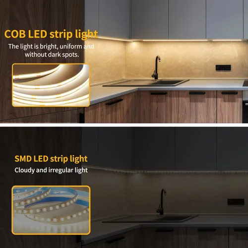 Vista 4 de Tira de luces LED COB de 32.8 pies, 3000 K, blanco cálido, regulable, CC de 24 V, cinta LED flexible para dormitorio, con control remoto
