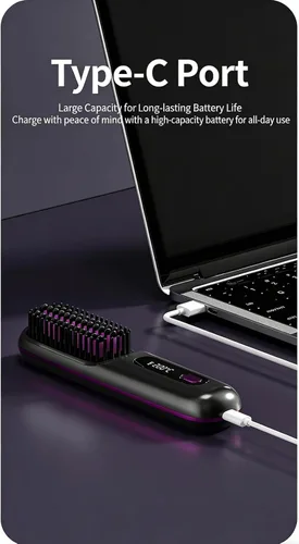 Vista 8 de Peine alisador de pelo inalámbrico, alisador y rizador de pelo de cerámica iónica portátil con pantalla LCD, plancha plana inalámbrica de 3 niveles