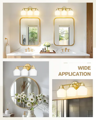 Vista 5 de Lámpara de tocador dorada Emak con pantalla de vidrio lechoso, accesorios modernos de iluminación de baño sobre espejo, 3 luces de tocador de baño
