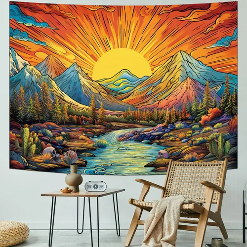 Vista 3 de Serborlur Tapiz bohemio con sol y montaña, diseño de árbol de bosque trippy, vintage, estético, mágico de río, paisaje, naturaleza, para colgar
