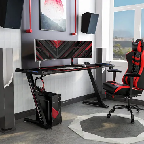 Vista 4 de Homes: Inside + Out Kindira - Escritorio moderno de acero para juegos con puertos USB, alfombrilla de mouse de PC y portavasos giratorio