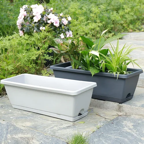 Vista 4 de Macetero para ventana, macetas de plástico para verduras, macetas rectangulares de 17 pulgadas con platillos para jardín interior y exterior