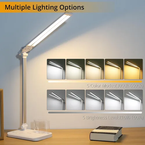 Vista 2 de Qooltek Lámpara de escritorio LED para oficina en casa, lámpara de mesa con control táctil con 5 modos de color y brillo ajustable, brazo oscilante
