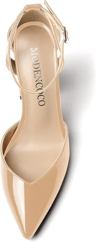 Vista 3 de MODENCOCO Zapatos de tacón alto de charol D'Orsay con correa de tobillo recortada para mujer, 3.5 pulgadas