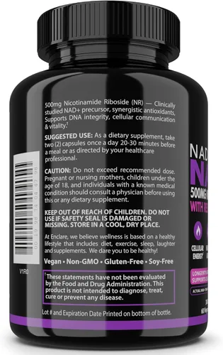 Vista 3 de Suplemento NAD para mujeres y hombres – NAD+ Booster NAVIVA 500mg Nicotinamida Riboside Resveratrol & Quercetina – Alternativa antienvejecimiento