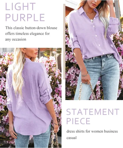 Vista 9 de Odosalii - Camisas con botones para mujer, con cuello en V, manga larga, enrolladas, blusas elegantes y formales para negocios y ocasiones casuales