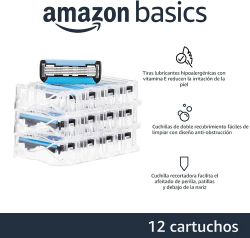 Vista 2 de Amazon Basics Recambios de maquinilla de afeitar de 5 cuchillas para hombres con doble lubricación, recortador de barba de precisión, afeitado