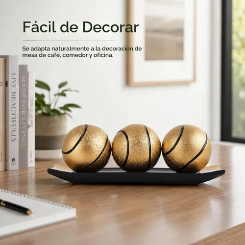 Vista 5 de Bolas decorativas de oro negro para decoración del hogar, 3 orbes de resina con bandeja de exhibición, centro de mesa inspirado para mesa de café
