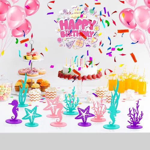 Vista 6 de Prasacco 22 piezas de decoraciones de cumpleaños de sirena, centro de mesa de fieltro, decoración de fiesta bajo el mar, caballito de mar, algas