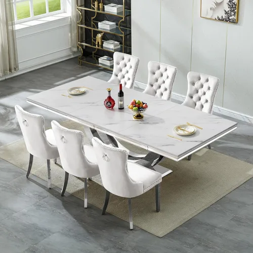 Vista 30 de SSLine Juego de mesa de comedor de mármol sintético blanco de 68 pulgadas
