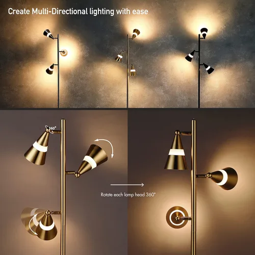 Vista 3 de O'Bright Ash - Lámpara de pie LED de árbol de 3 luces, LED regulable de 3 cabezales, lámpara de pie multidireccional, pantalla múltiple ajustable
