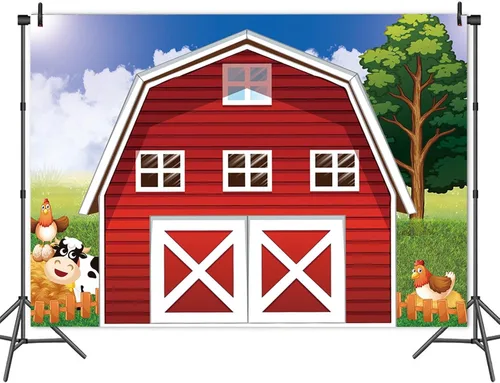 Vista 3 de Fondo de fotografía de granja de animales de dibujos animados de 7 x 5 pies, fondo de fotos de granja rústico rojo para baby shower, recién nacidos