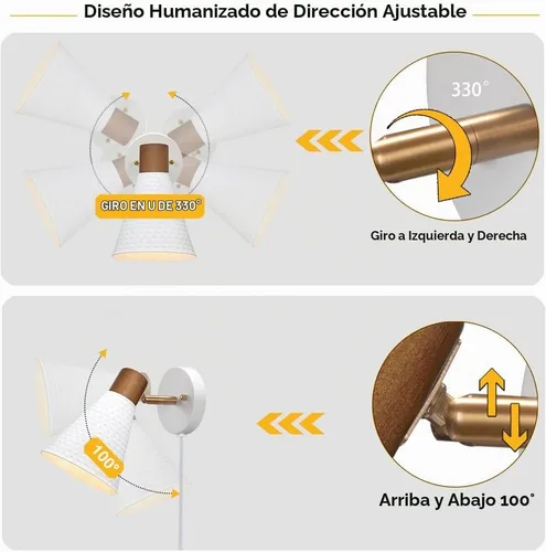 Vista 3 de Juego de 2 apliques de pared blancos enchufables, lámpara de pared moderna con cable de enchufe, aplique de madera con pantalla de metal martillado
