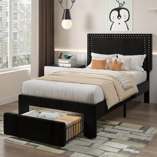 Vista 112 de VECELO Base de cama de plataforma de tamaño individual con cabecera tapizada de altura ajustable, base de colchón moderna, soporte de listones