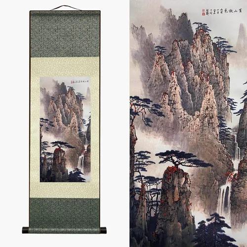 Vista 32 de AtfArt Decoración asiática de pared, hermosa pintura de pergamino de seda del paisaje del río de la cascada - Montaña, primavera, otoño