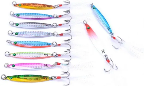 Vista 4 de Aorace 10 piezas de metal duro jigs buceo pesca mar señuelos minnow Popper cebos aparejos Crankbait agua salada señuelos de agua dulce con pluma
