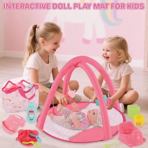Vista 4 de deAO Juego de Cochecito de Muñeca Bebé con Muñecas Bebé de 12" Juego de Guardería de 17 PIEZAS Accesorios para Muñecas Bebé con Tapete de Juego