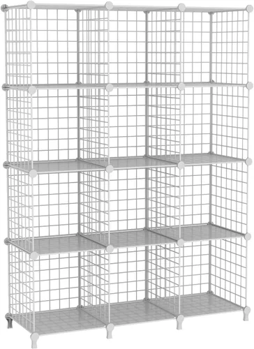Vista 7 de Organizador de almacenamiento de 12 cubos, estantería de cubo de alambre de metal, 11.8 pulgadas de largo x 11.8 pulgadas de ancho x 11.8 pulgadas