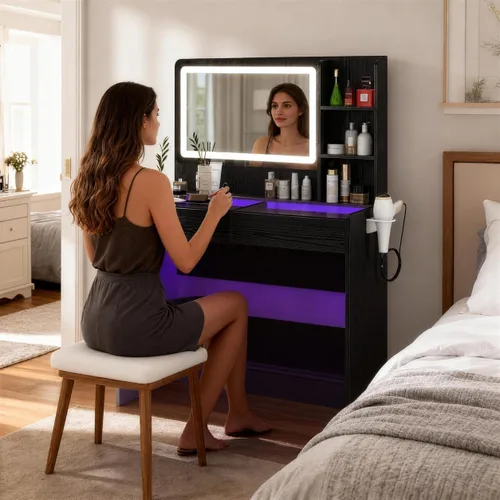 Vista 6 de Escritorio de tocador con espejo y luces, mesa de tocador de maquillaje con parte superior de cristal, tira de luz RGB, brillo ajustable, 2 cajones