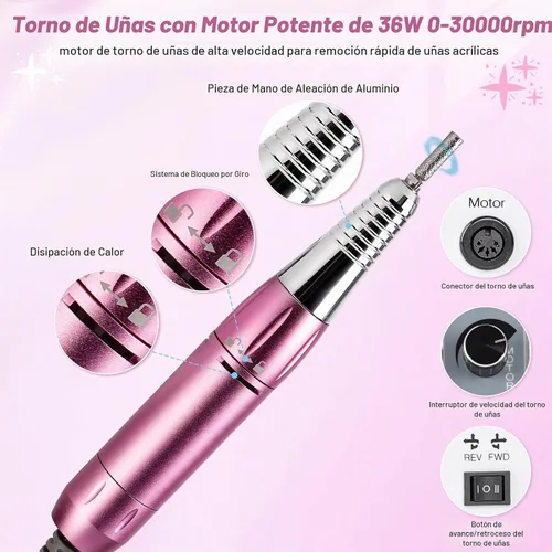 Vista 3 de Biutee Colector de polvo de uñas 5 en 1, taladro de 30000 RPM y lámpara LED