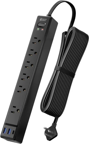 Vista 10 de SUPERDANNY - Protector de sobretensión con enchufe plano, tira de alimentación, cable de extensión ultra delgado de 6 pies con 3 USB