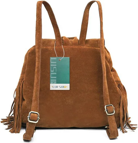 Vista 7 de Mochila para mujer, bolso de hombro con flecos y borlas, de piel sintética, bolso de viaje de moda