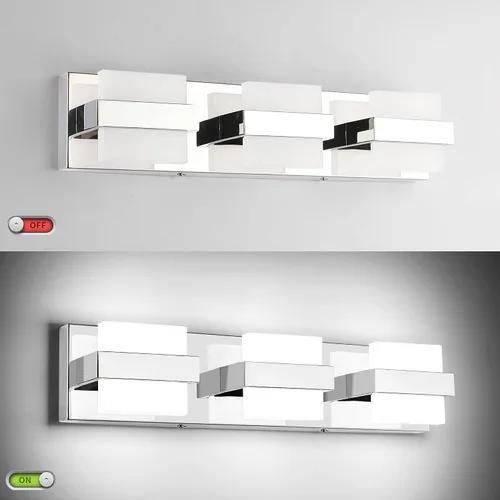 Vista 8 de SOLFART Lámpara de baño cromada de 3 luces, luz de tocador sobre el espejo, lámparas LED modernas, 5 colores de temperatura ajustable moderna